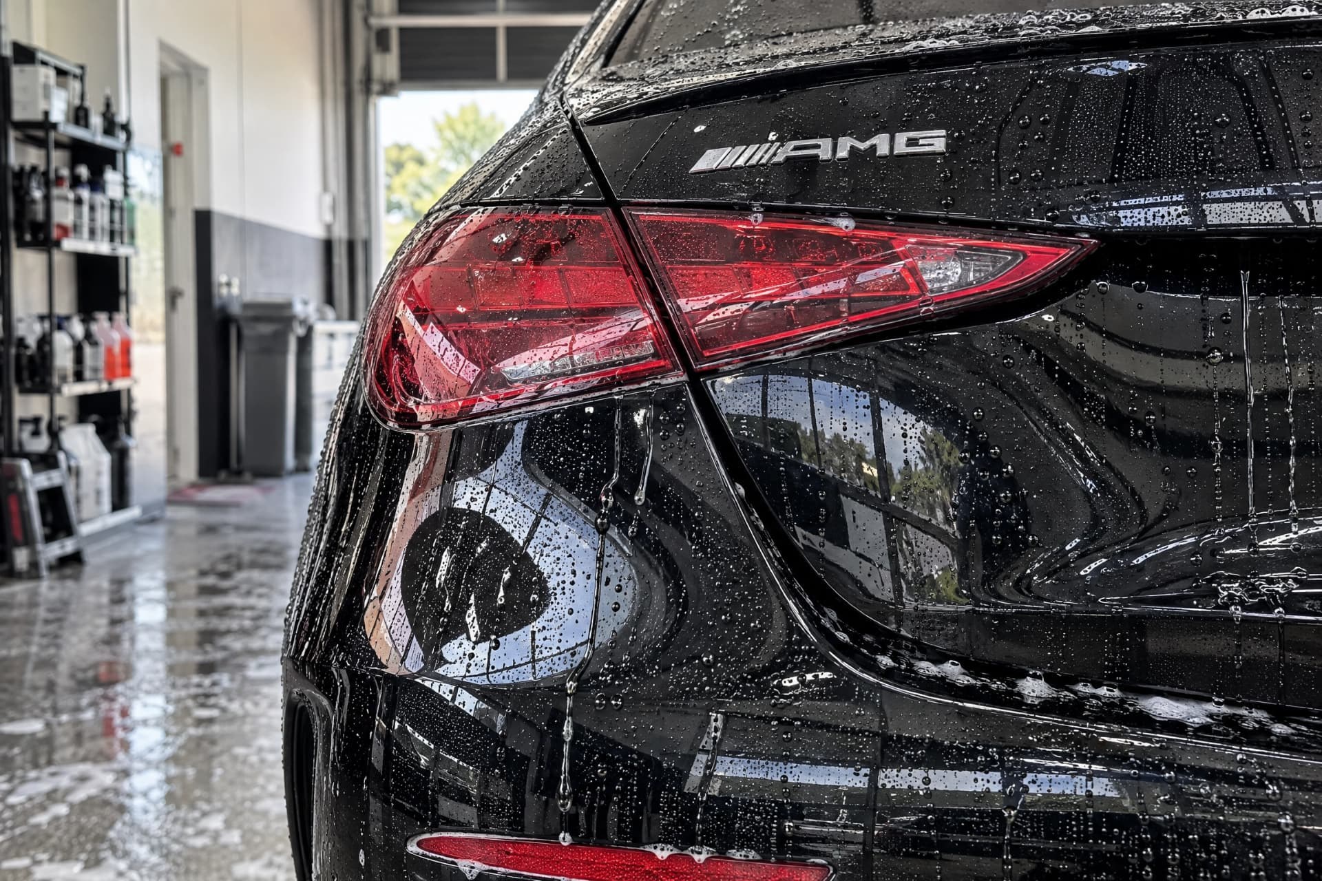 Water beading on the rear of a black Mercedes-AMG after a BlackIce wash